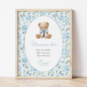Teddy Bear, Blue Bow, Blue Flowers, Momosa Bar Poster