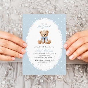 Teddy Bear, Blue Bow, Blue Polka Dots, Baby Shower Invitation