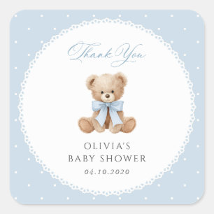 Teddy Bear, Blue Bow, Blue Polka Dots, Baby Shower Square Sticker