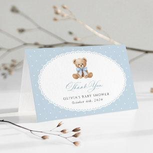 Teddy Bear, Blue Bow, Blue Polka Dots, Baby Shower Thank You Card