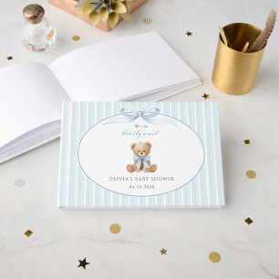 Teddy Bear, Blue Bow, Blue Stripes, Baby Shower Guest Book