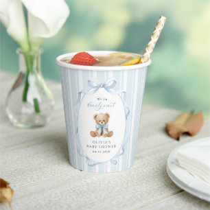 Teddy Bear, Blue Bow, Blue Stripes, Baby Shower Paper Cups