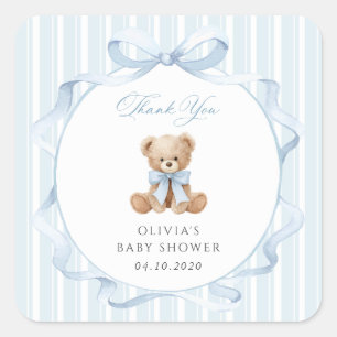 Teddy Bear, Blue Bow, Blue Stripes, Baby Shower Square Sticker