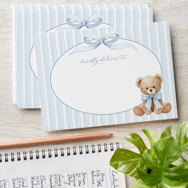 Teddy Bear, Blue Bow, Blue Stripes, First Birthday Envelope (Stacked)