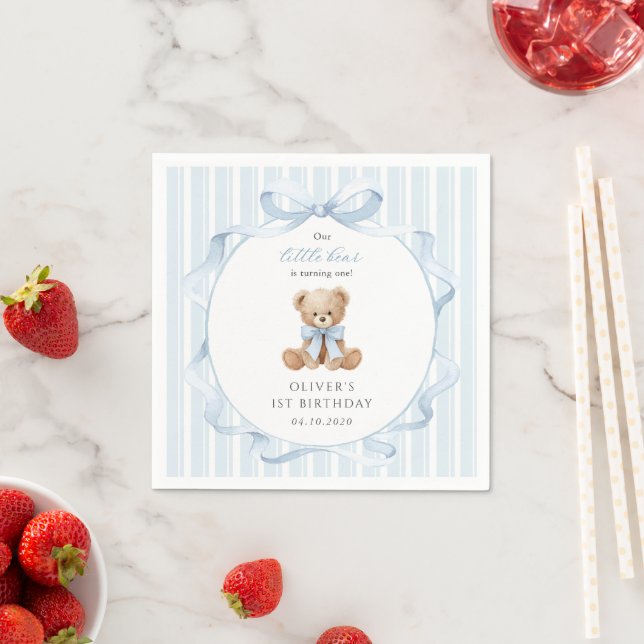 Teddy Bear, Blue Bow, Blue Stripes, First Birthday Napkin (Insitu)