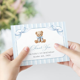 Teddy Bear, Blue Bow, Blue Stripes, First Birthday Thank You Card