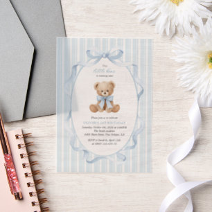 Teddy Bear, Blue Bow, Blue Stripes, First Birthday Vellum Invitations