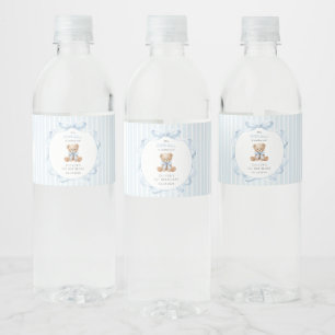 Teddy Bear, Blue Bow, Blue Stripes, First Birthday Water Bottle Label