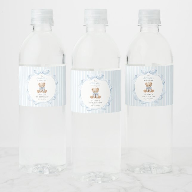 Teddy Bear, Blue Bow, Blue Stripes, First Birthday Water Bottle Label (Bottles)