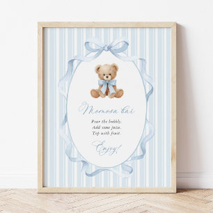 Teddy Bear, Blue Bow, Blue Stripes, Momosa Bar Poster