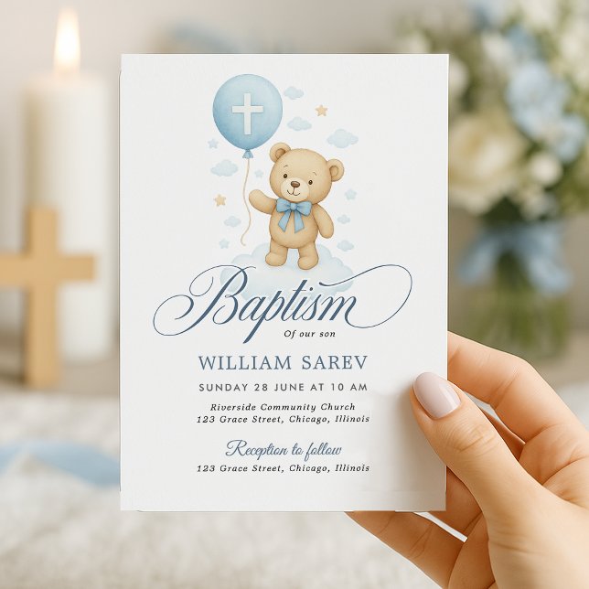 Teddy Bear Blue Boy Baptism Invitation (Elegant teddy bear baptism invite with cross balloon – soft neutral design, perfect for boys)