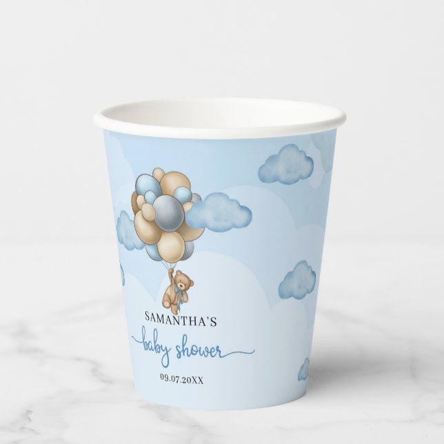 Teddy bear blue brown beige balloons baby shower paper cups (Front)