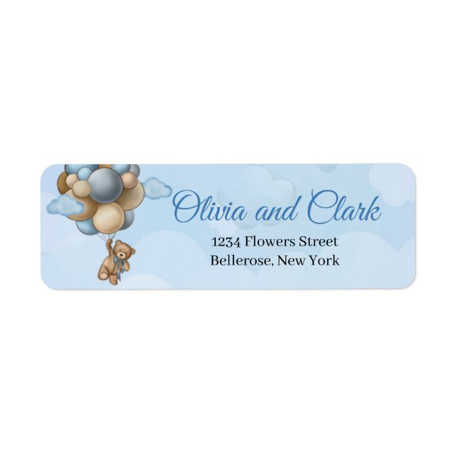 Teddy bear blue brown ivory balloons label (Front)