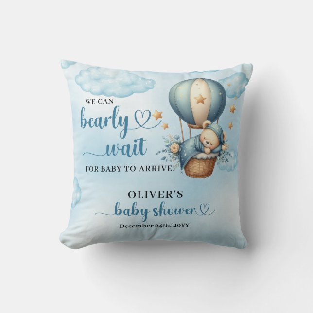 Teddy bear blue brown ivory hot air balloon boy cushion (Front)