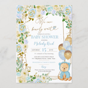 Teddy Bear Blue Floral Balloons Boy Baby Shower Invitation