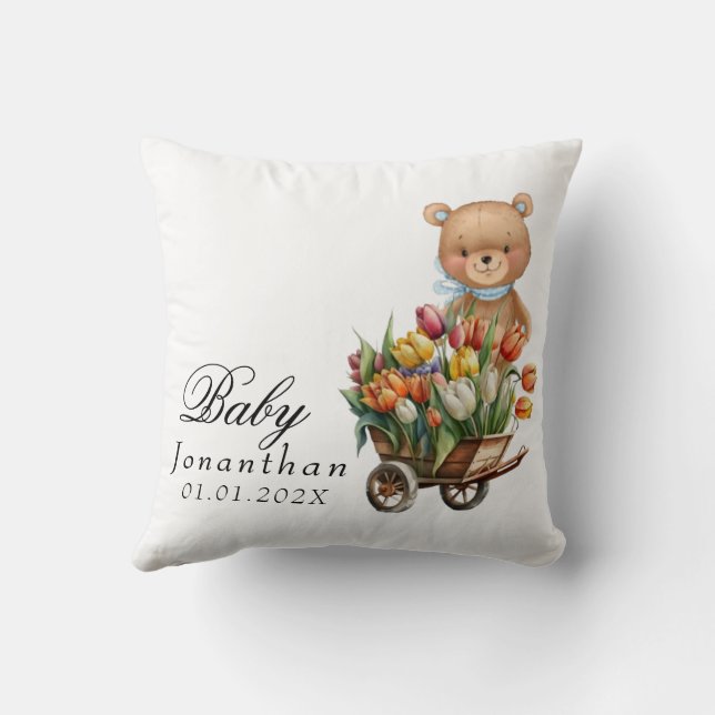 Teddy Bear Blue Floral Rustic Cushion (Back)