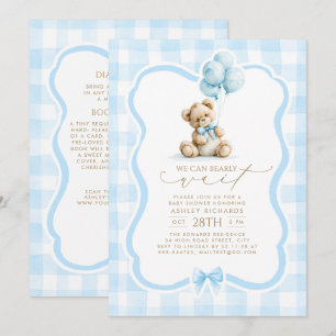 Teddy Bear Blue Gingham All In One Baby Shower Invitation