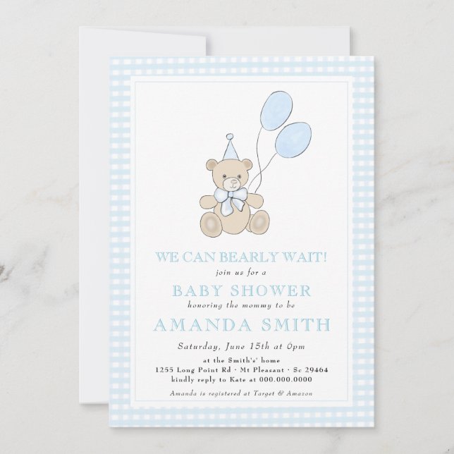Teddy Bear Blue Gingham Boy Baby Shower  Invitation (Front)