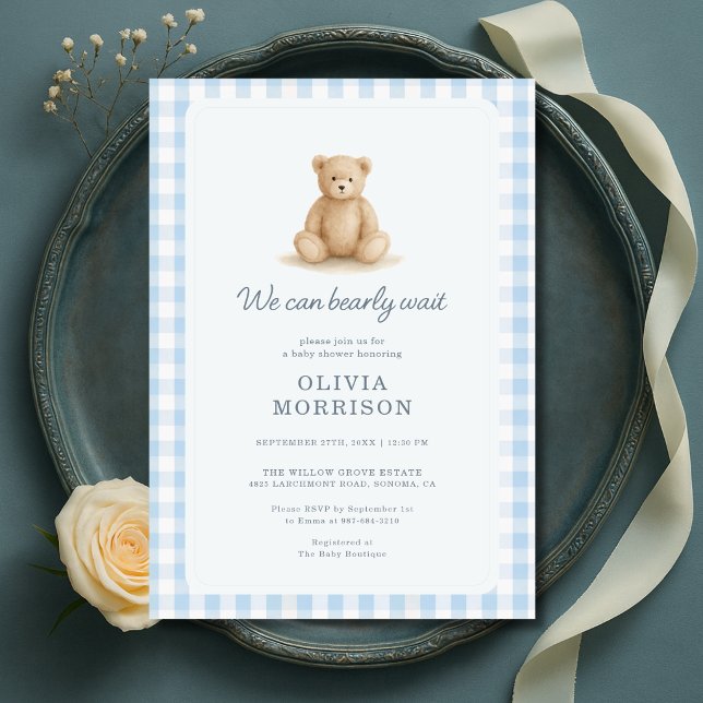 Teddy Bear Blue Gingham Boy Baby Shower Invitation (Creator Uploaded)