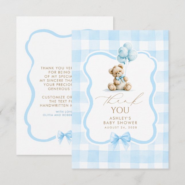 Teddy Bear Blue Gingham Cute Thank You Card (Front/Back)