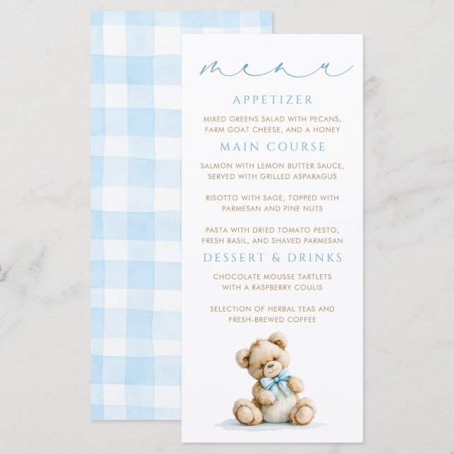 Teddy Bear Blue Gingham Pattern Menu Cards (Front/Back)