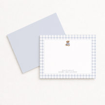 Teddy Bear Blue Gingham Preppy Nursery Note Card