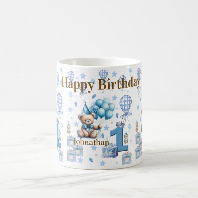 Teddy Bear Blue Happy 1st. Birthday Ceramic Mug (Center)