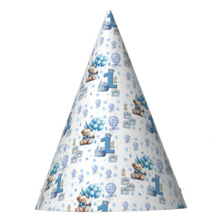 Teddy Bear Blue Happy 1st. Birthday Paper  Party Hat