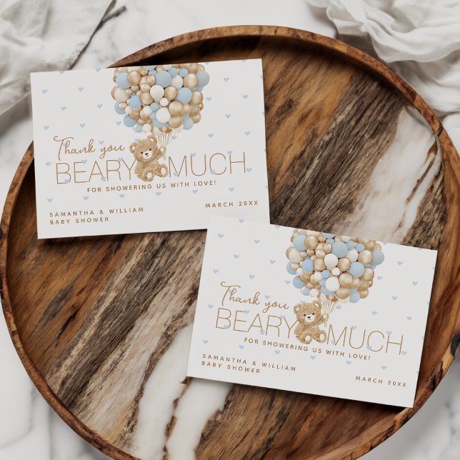 Teddy Bear Blue Heart & Balloon Baby Boy Shower  Thank You Card (Creator Uploaded)