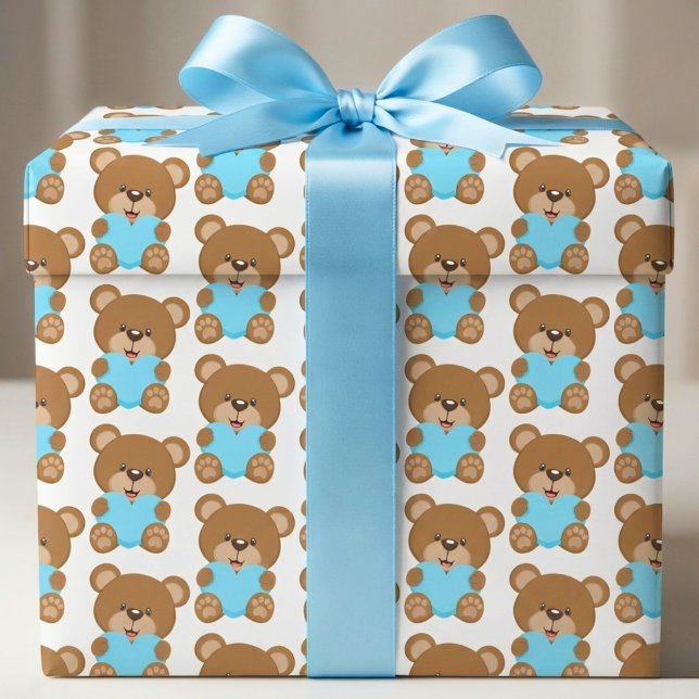 Teddy Bear Blue Heart Wrapping Paper Sheet  (Wrap them up in a bear hug.)