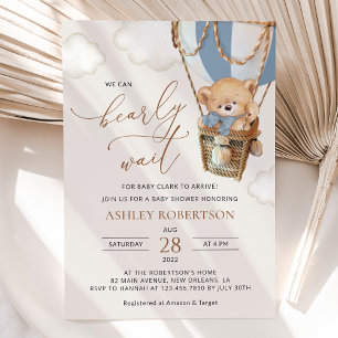 Teddy Bear, Blue Hot Air Balloon, Baby Shower Invitation