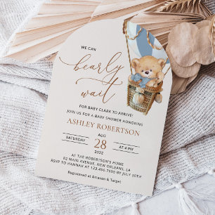 Teddy Bear, Blue Hot Air Balloon, Baby Shower Invitation