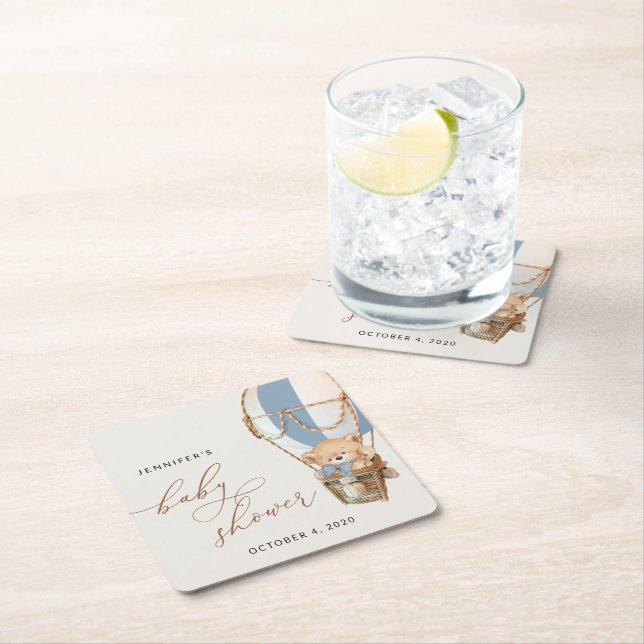 Teddy Bear, Blue Hot Air Balloon, Baby Shower Square Paper Coaster (Insitu)