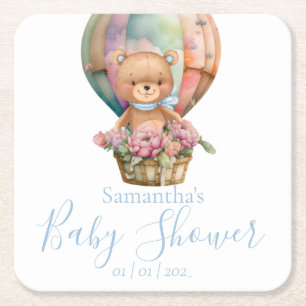 Teddy Bear Blue Hot Air Balloon Baby Shower Square Paper Coaster