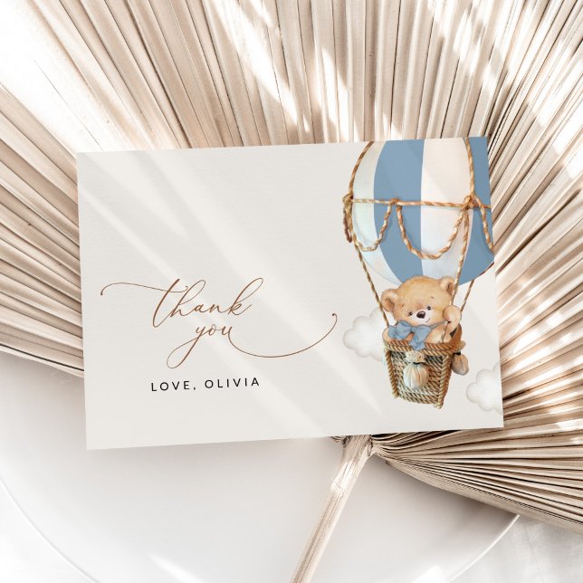 Teddy Bear, Blue Hot Air Balloon, Baby Shower Thank You Card (Creator Uploaded)