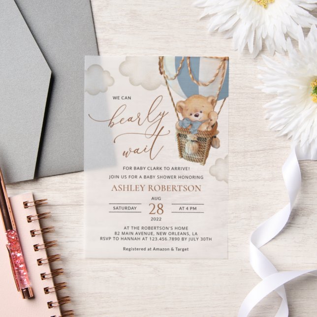 Teddy Bear, Blue Hot Air Balloon, Baby Shower Vellum Invitations (Wedding)