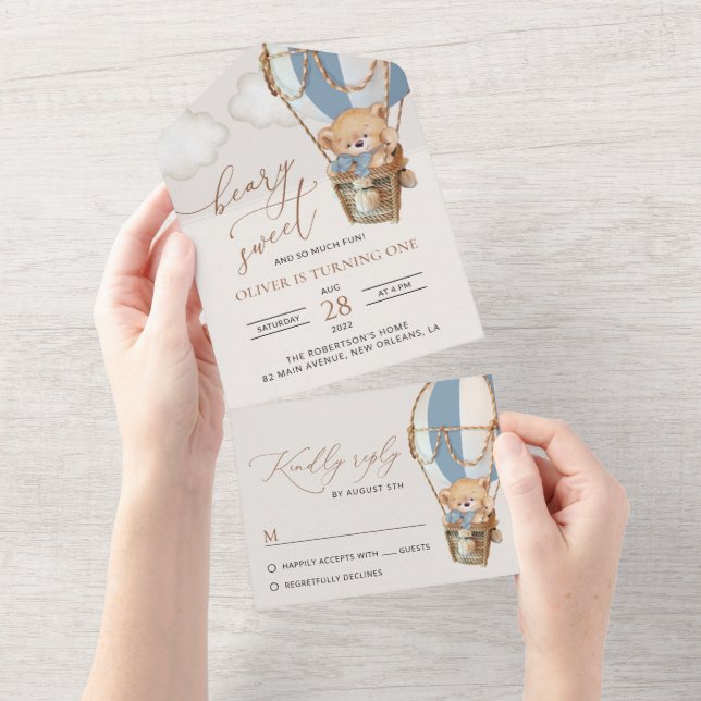 Teddy Bear, Blue Hot Air Balloon, First Birthday All In One Invitation (Tearaway)