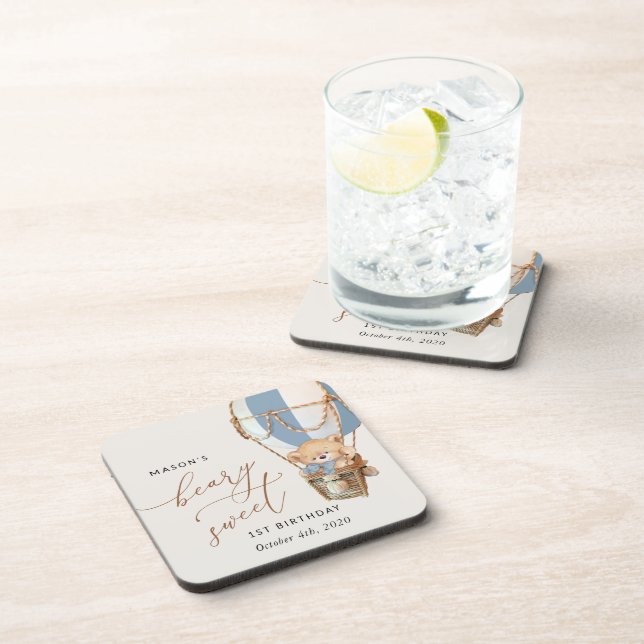 Teddy Bear, Blue Hot Air Balloon, First Birthday Coaster (Right Side)