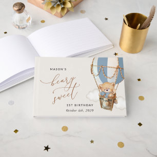 Teddy Bear, Blue Hot Air Balloon, First Birthday Guest Book
