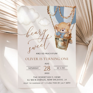 Teddy Bear, Blue Hot Air Balloon, First Birthday Invitation