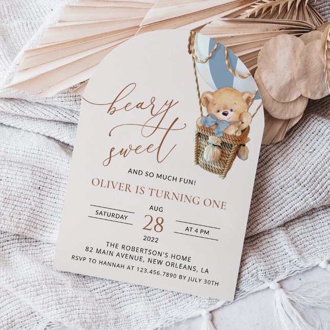 Teddy Bear, Blue Hot Air Balloon, First Birthday Invitation (Creator Uploaded)