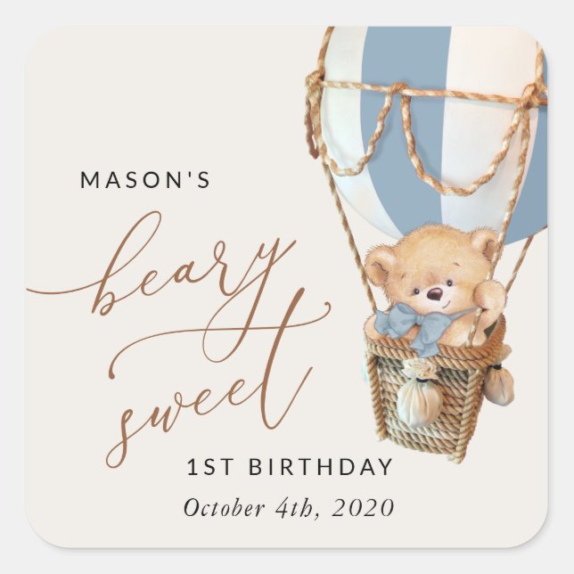 Teddy Bear, Blue Hot Air Balloon, First Birthday Square Sticker (Front)