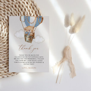 Teddy Bear, Blue Hot Air Balloon, First Birthday Thank You Card