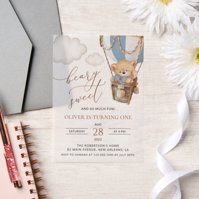 Teddy Bear, Blue Hot Air Balloon, First Birthday Vellum Invitations (Wedding)