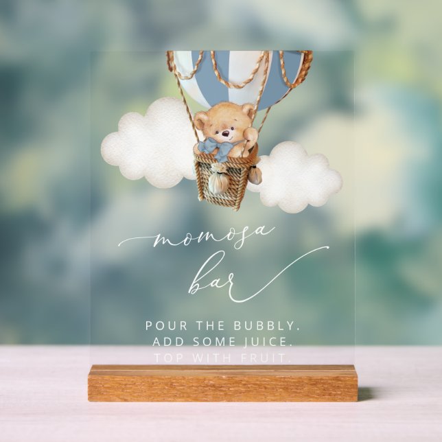 Teddy Bear, Blue Hot Air Balloon, Momosa Bar Acrylic Sign (Neutral)
