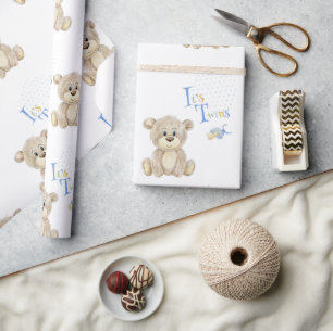 Teddy Bear Blue it’s Twins Baby Shower Wrapping Paper