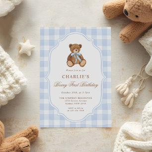 Teddy Bear Blue Minimalist Boy Birthday Invitation