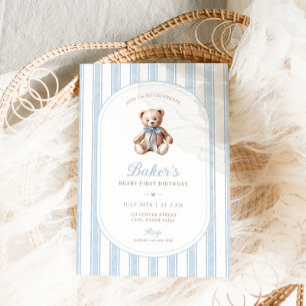 Teddy Bear Blue Minimalist Boy Birthday Invitation