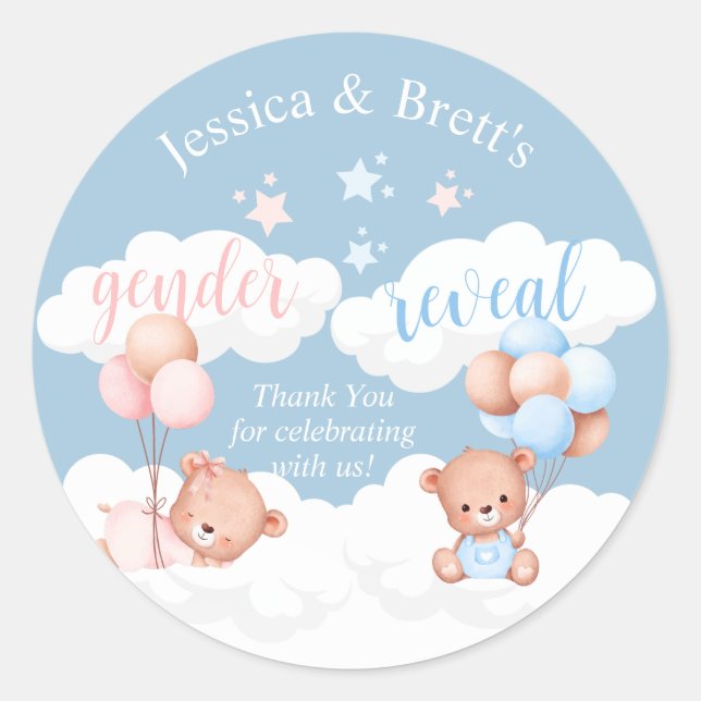 Teddy Bear Blue or Pink Gender Reveal Classic Roun Classic Round Sticker (Front)