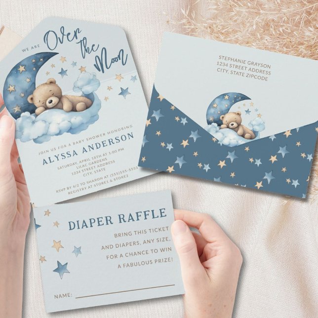 Teddy Bear Blue Over the Moon Baby Shower All In One Invitation (Creator Uploaded)